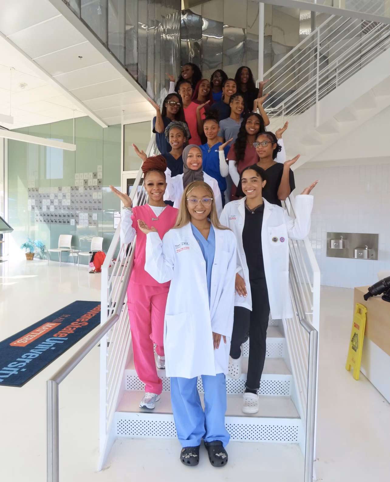 DSU NSBWM members gathering on a staircase